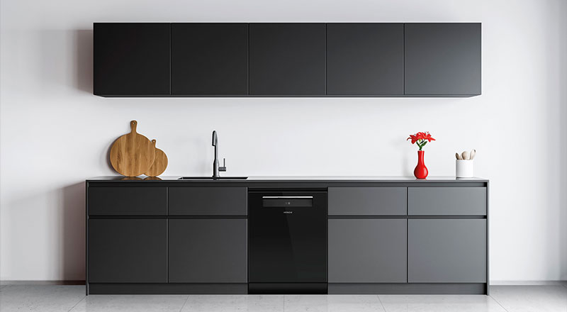 بدنه زیبای ماشین ظرفشویی ۱۵ نفره هیتاچی مدل HDF-F158 با دو رنگ مشکی و استیل برای آشپزخانه های مدرن